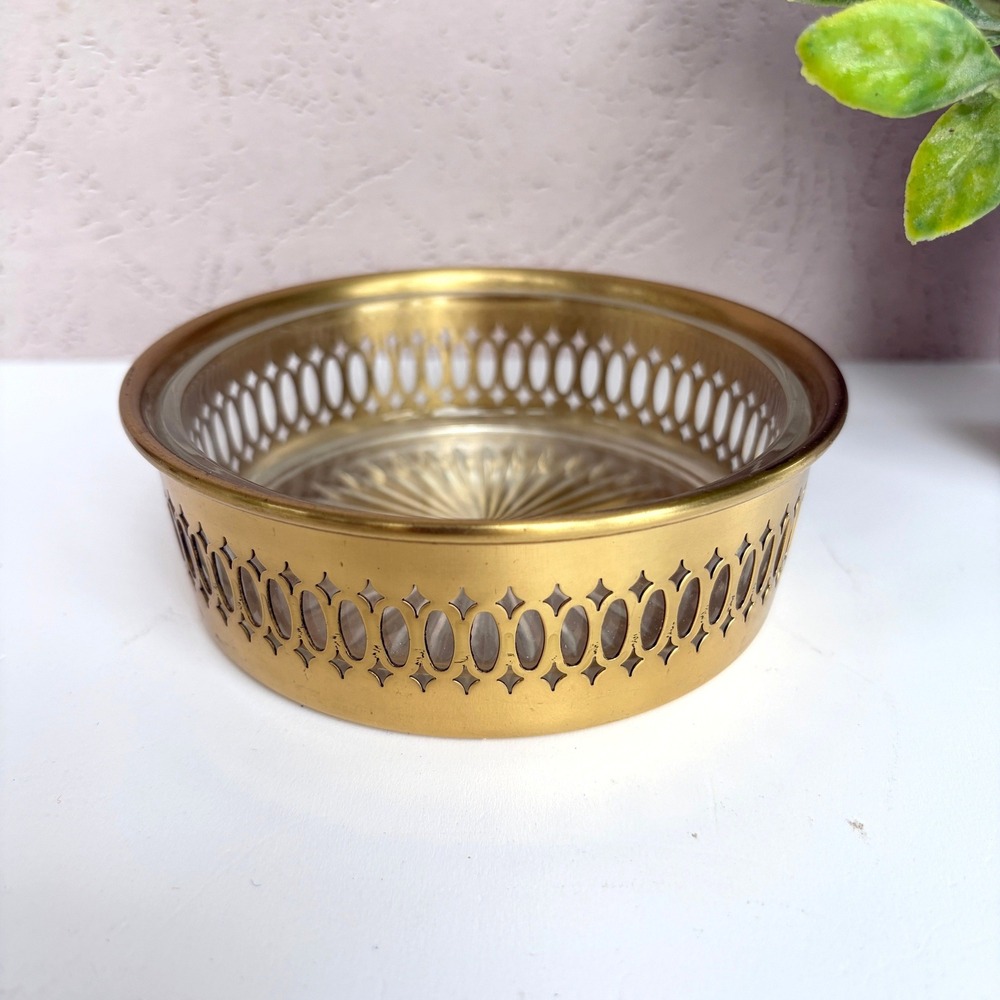 Vintage Brass Gallery Bowl with Sunburst Glass Liner Gold Trinket Dish 4.75in